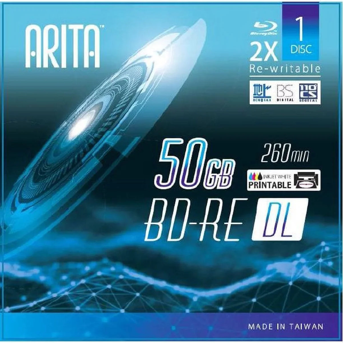 Double 260Min Inkjet Printable Rewritable 50GB Case 2X Hub Jewel Blank White Layers BD-RE 10 DL Disc Pack Arita w/