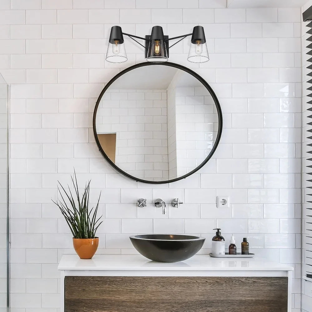 Black/Clear 3-Light Ryker Vanity Bath Matte Metal/Glass Lighting in Golden