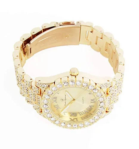Fully Big Roman ST10327LA (Gold-Gold) Women's Dial Raymond Wristwatch Hop Blinged Out Out Charles - Hip with Rocks Iced Numerals