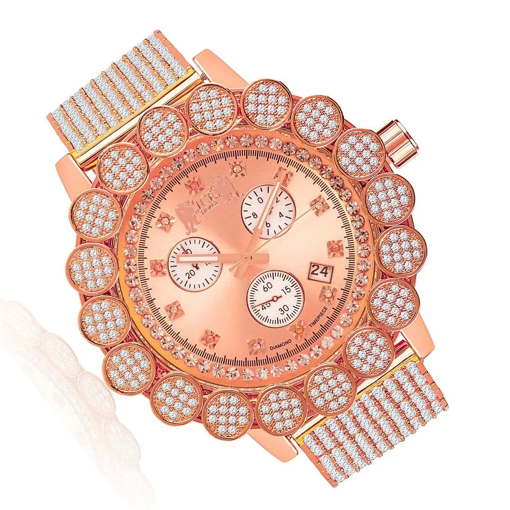 W/Date Real Band Rose Out Big Iced Men's Full Flower 14k Khronos Tone Face Gold Bezel Diamond Watch
