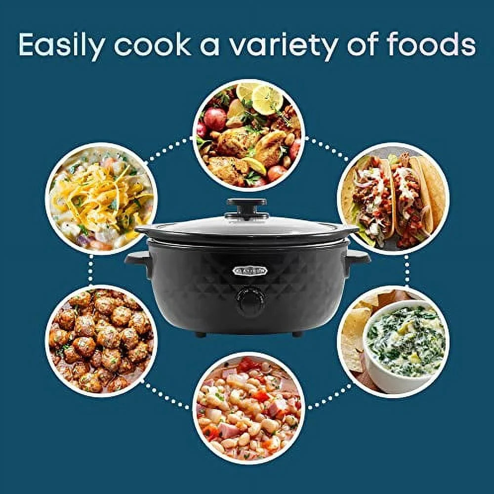 Tempered Charcoal MST1234BX# Quart, Diamond 6 Removable, Pattern Lid, Cool-Touch with Cooker Glass Black Elite Stoneware Handles, Dishwasher-Safe Pot Gourmet Slow