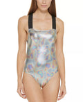 Gray Piece Swimsuit One Size DKNY X-Large Crisscross Women's Metallic