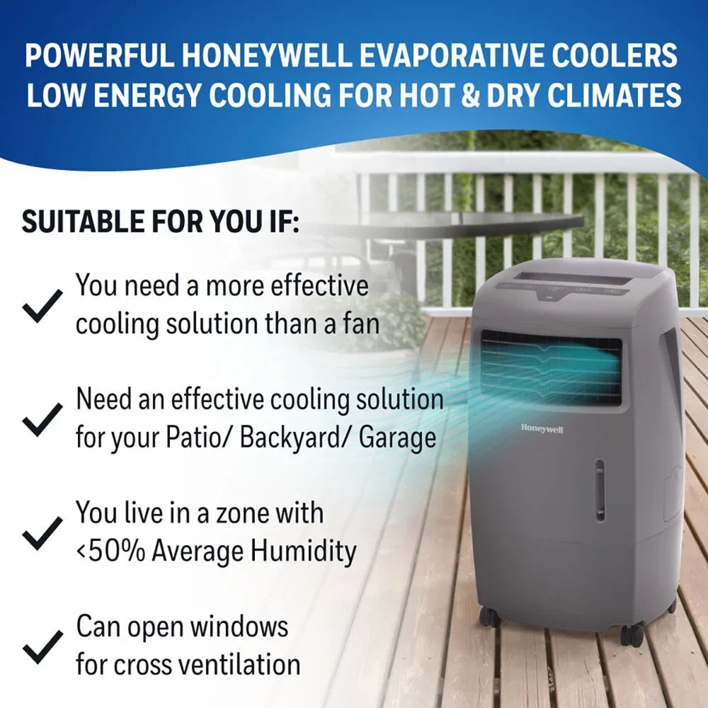 Fan Control, Compartment Ice Cooler & Outdoor & Remote CO25AE, Evaporative Gray Portable 500-694CFM with Indoor Honeywell Humidifier,