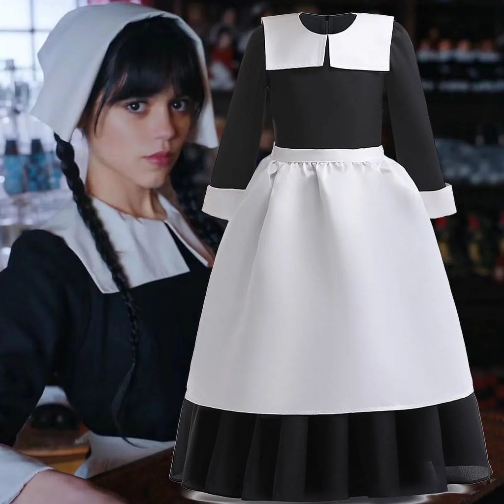 Cosplay Outfit Girls Dress Sleeve Wig TV Addams Long Skirt Clothes 2022 with Hkiytime Kids Dress Series Halloween Wednesday