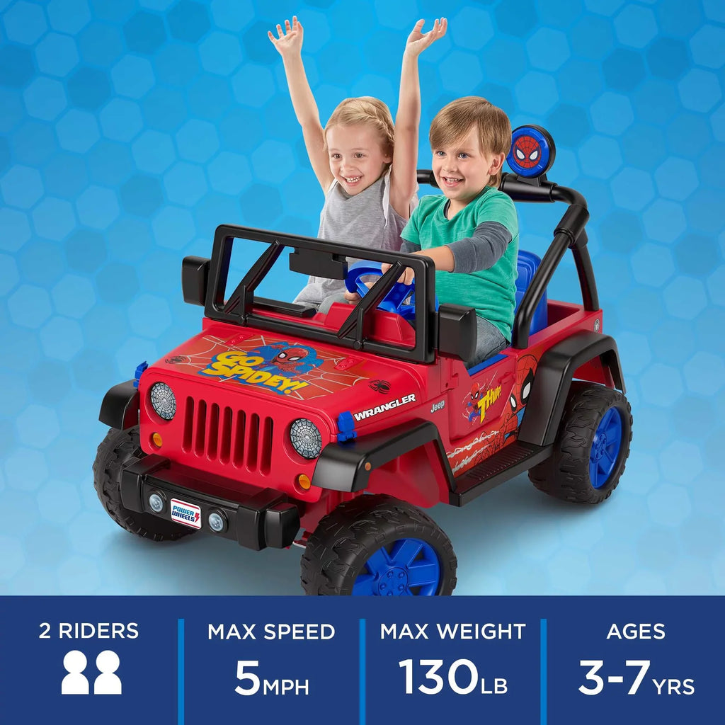 Vehicle Ages Battery-Powered Power 3-7 a Jeep Wrangler Sounds, Spider-Man 12V with Ride-On Child for Wheels