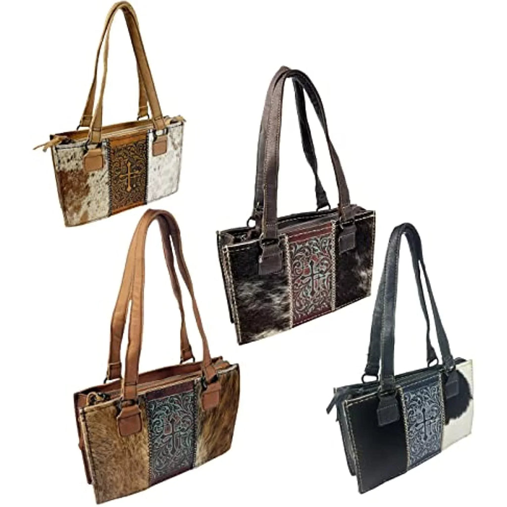 In Zipper Purses Brown) Western Tote Crosses Handbag the Western Genuine Leather Hand Dark Shoulder Urbalabs with Women Over CowHair (Dark Stitched Purse Brown Bag for Tooled