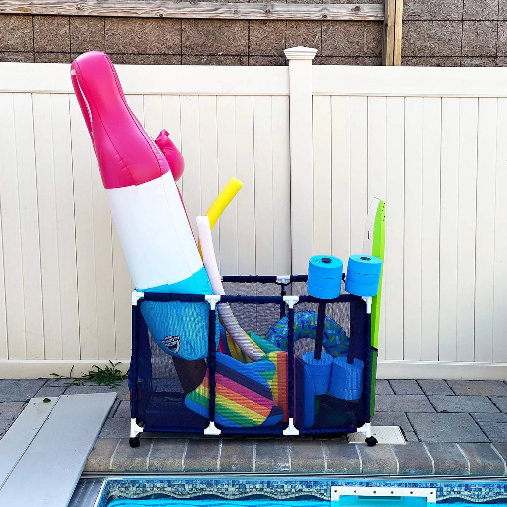 Balls 25" Kids Organizer L Floats Blue 563009 Pool / 28" Toys, and Rolling Equipment H), Height, Storage Holder, x Mesh Bin, White Large, Style Noodles W (43" x