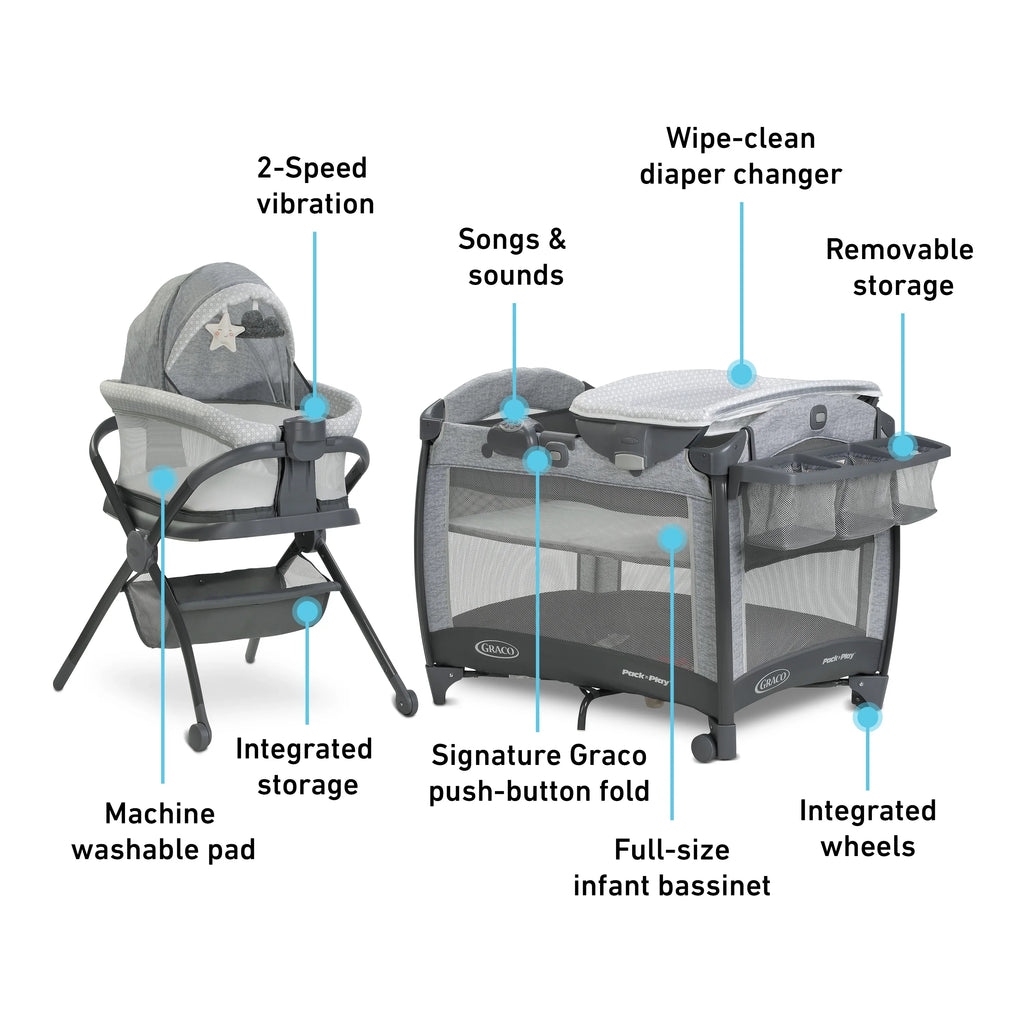 Play Flat Playard,Grey, Deluxe Pack Unisex Bassinet 'n Graco Day2Dream