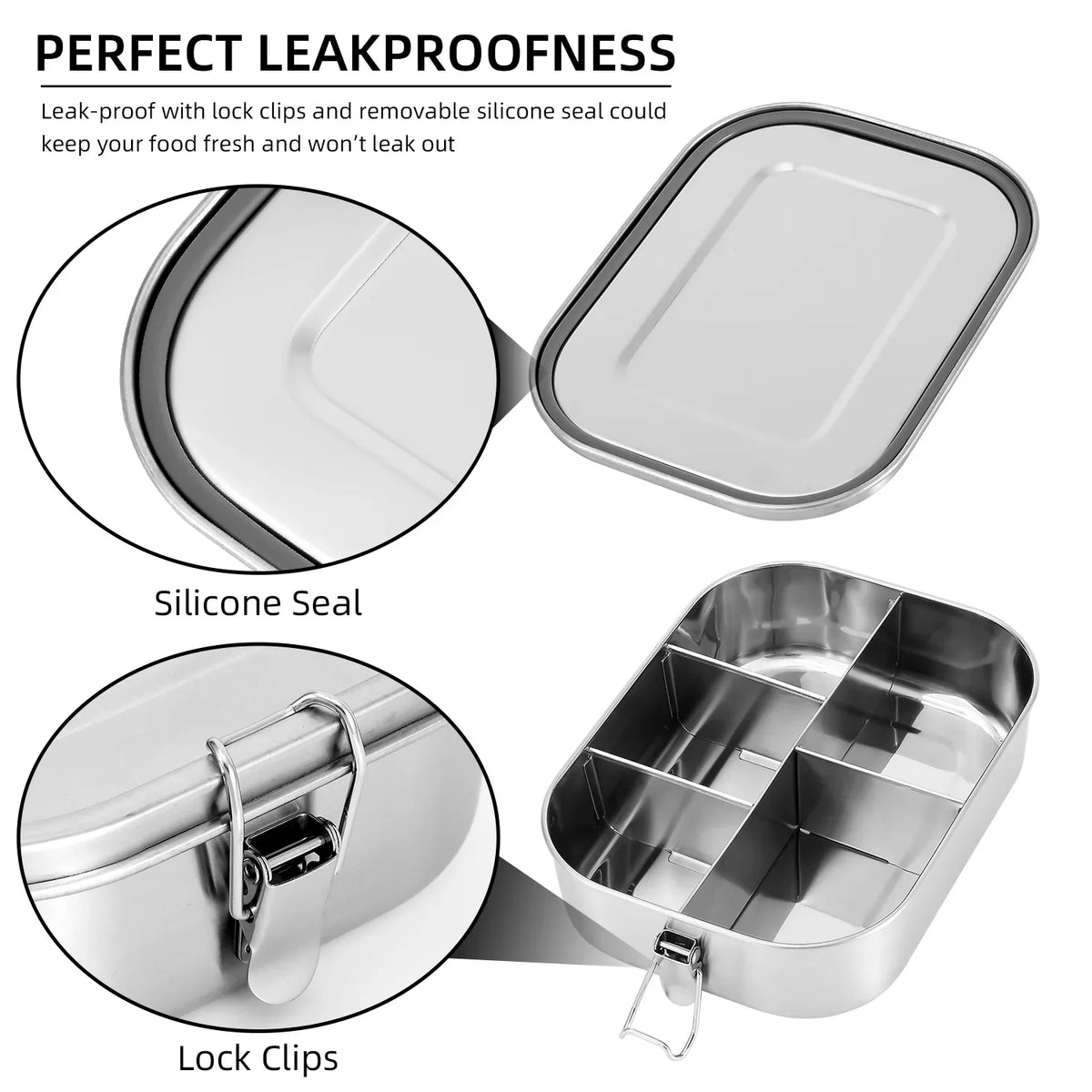 Bento Container Lunch Leak Proof 5-Compartment UPTRUST Bento Steel Food Lockable Clips Adults Box to for Stainless or Lunch 1400ML Large Kids Container, Metal Box with