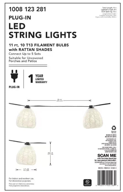 Fiber Hampton (10-Heads) Natural String LED Bulb 11 Mini ft. Bay Outdoor/Indoor Plug-In Light