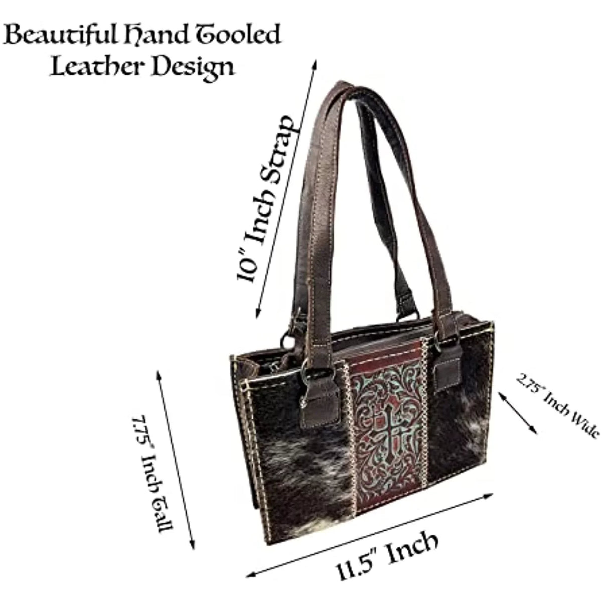In Zipper Purses Brown) Western Tote Crosses Handbag the Western Genuine Leather Hand Dark Shoulder Urbalabs with Women Over CowHair (Dark Stitched Purse Brown Bag for Tooled