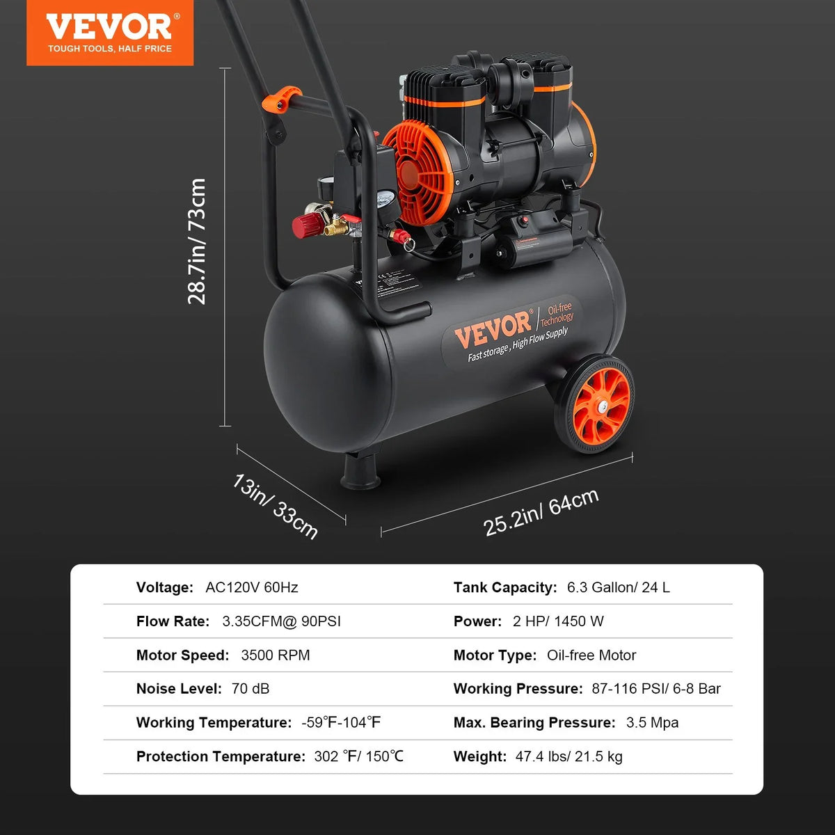 Ultra 90PSI, CFM Quiet 6.3 VEVOR Oil-Free, 1450W, dB @ 70 Compressor, Air Gallon, 3.35