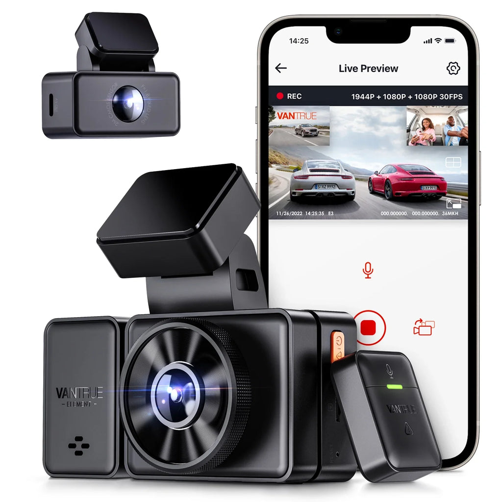 Control, STARVIS Parking Hours Inside, E3 with Rear Way GPS 24 Support WiFi 2.5K Dash Night Camera Vantrue Triple Dash 1944P+1080P+1080P 512GB Voice and 3 Max Vision, Cam Mode, Channel 3 IR Front
