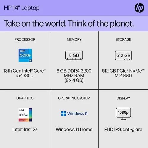 14-ee0010nr Graphics, Laptop, HP GB Iris Xe 512 (2023) i5-1335U, SSD, FHD Core RAM, 11 Windows Intel 13th inch 8 Generation Home, GB Intel 14 Display,