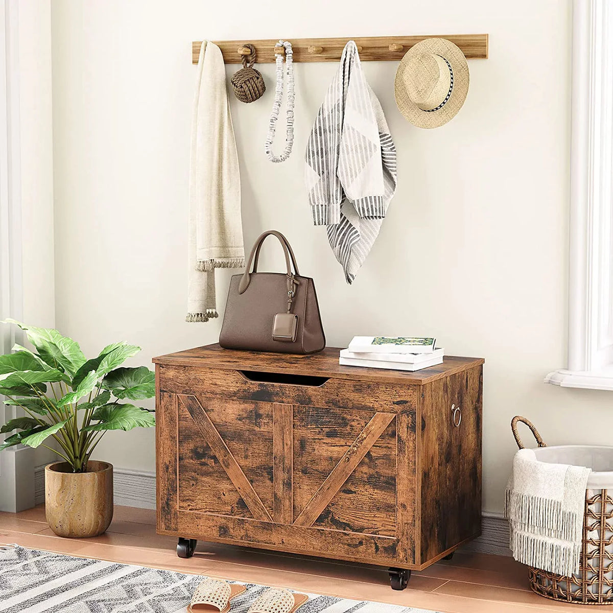 Storage Brown Sturdy Bench, Safety Storage U-Shaped Hinge, Bench Shoe Supports Assembly, Storage on lb, Trunk Rustic Wheels, Bench, Opening, Wooden Movable, FG74CW01 WAGEE Chest, Entryway 220 Easy
