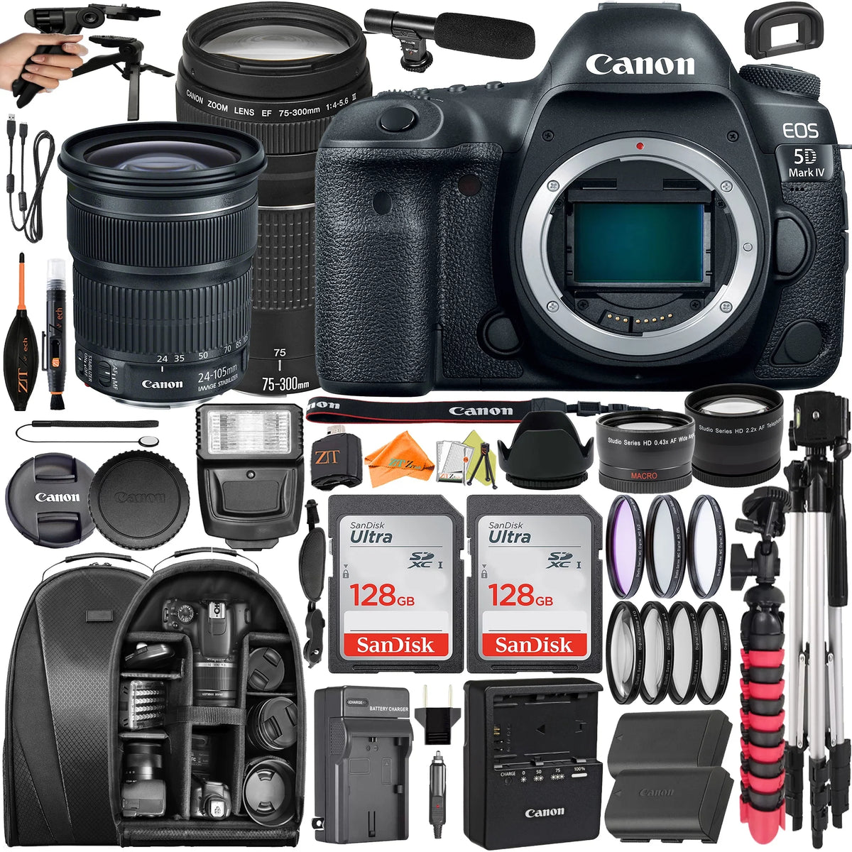 '+ IV ZeeTech with SanDisk Accessory Pack 75-300mm 24-105mm 5D + + Backpack Mark Canon DSLR Bundle Camera 128GB EOS Lens 2 +