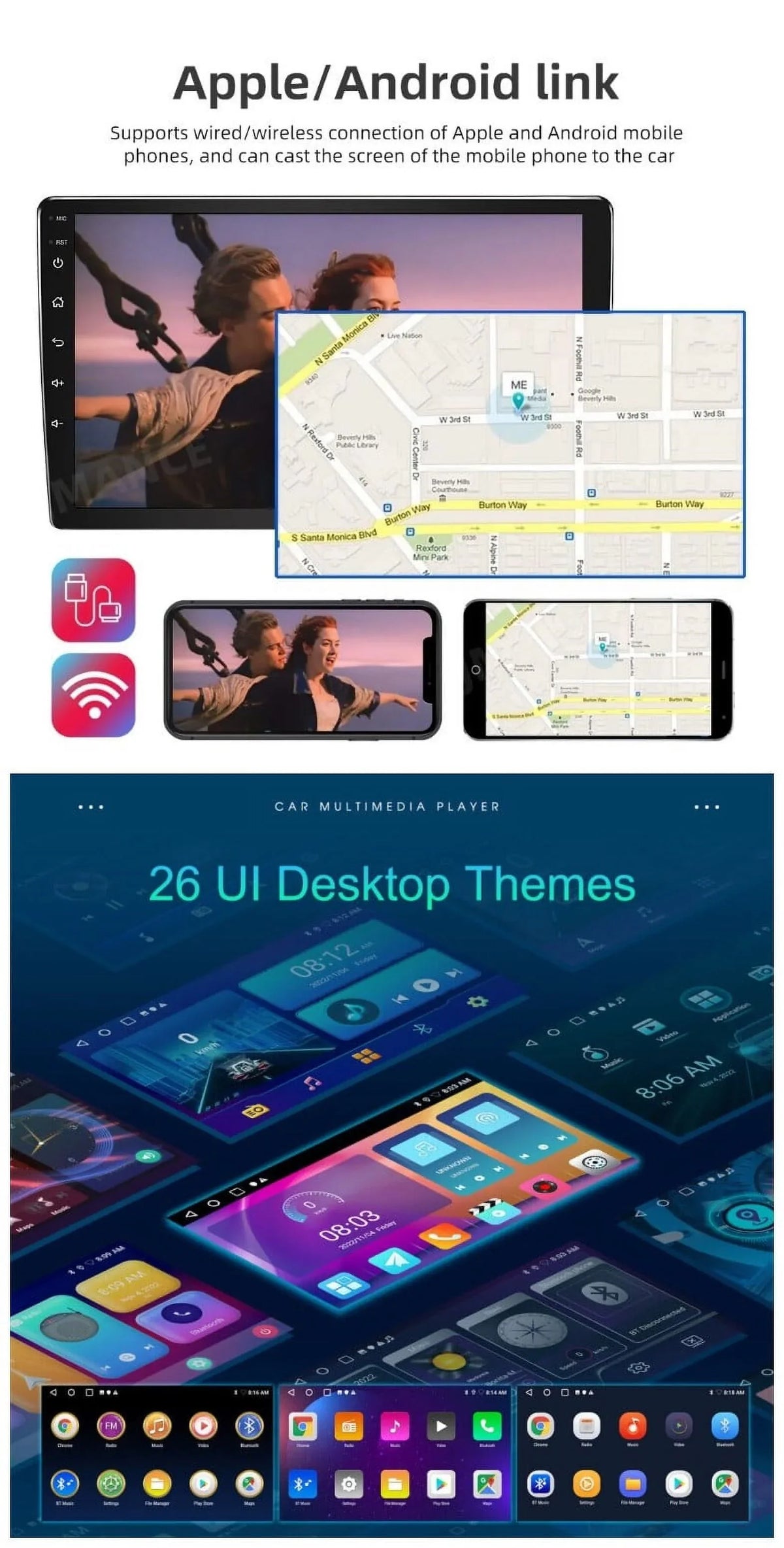Radio 1280*720 Backup 10.1" Android GPS Bluetooth Din Camera Stereo Screen Double Carplay 2+32GB Android WiFi FM/RDS Car IPS AHD Wireless Auto USB Navigation Receiver