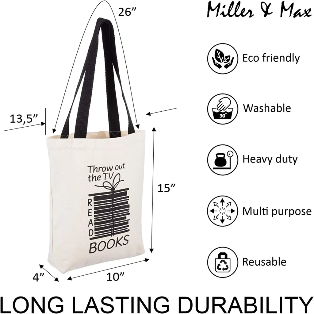 12 100% Canvas Reusable Tote - Bag Women Canvas Cute & Pocket, oz Picnic Office, Black An Men, Inner Durable For Print School, With Bags Design For Books Handles Max Cotton Fun Miller Multi-functional
