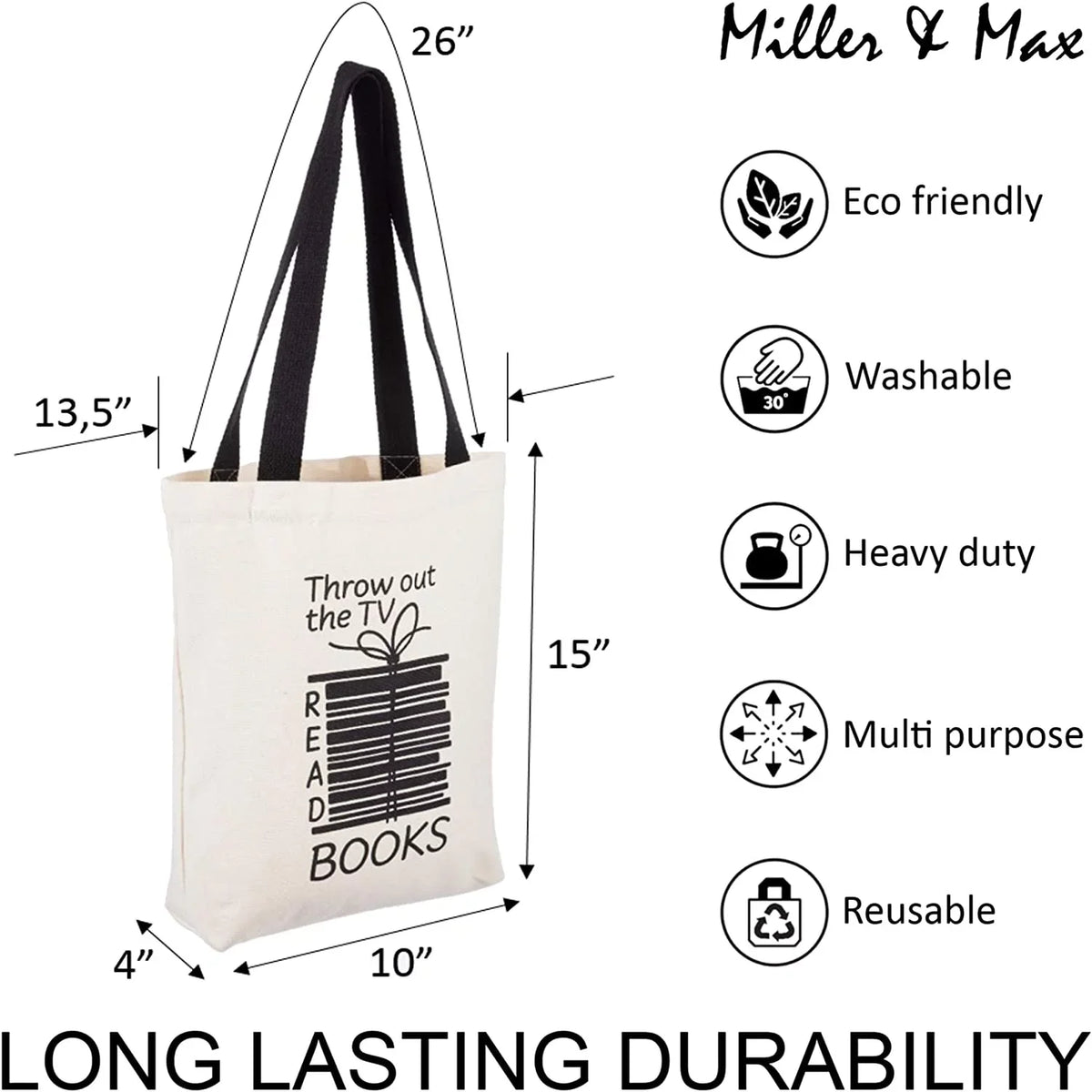 12 100% Canvas Reusable Tote - Bag Women Canvas Cute & Pocket, oz Picnic Office, Black An Men, Inner Durable For Print School, With Bags Design For Books Handles Max Cotton Fun Miller Multi-functional