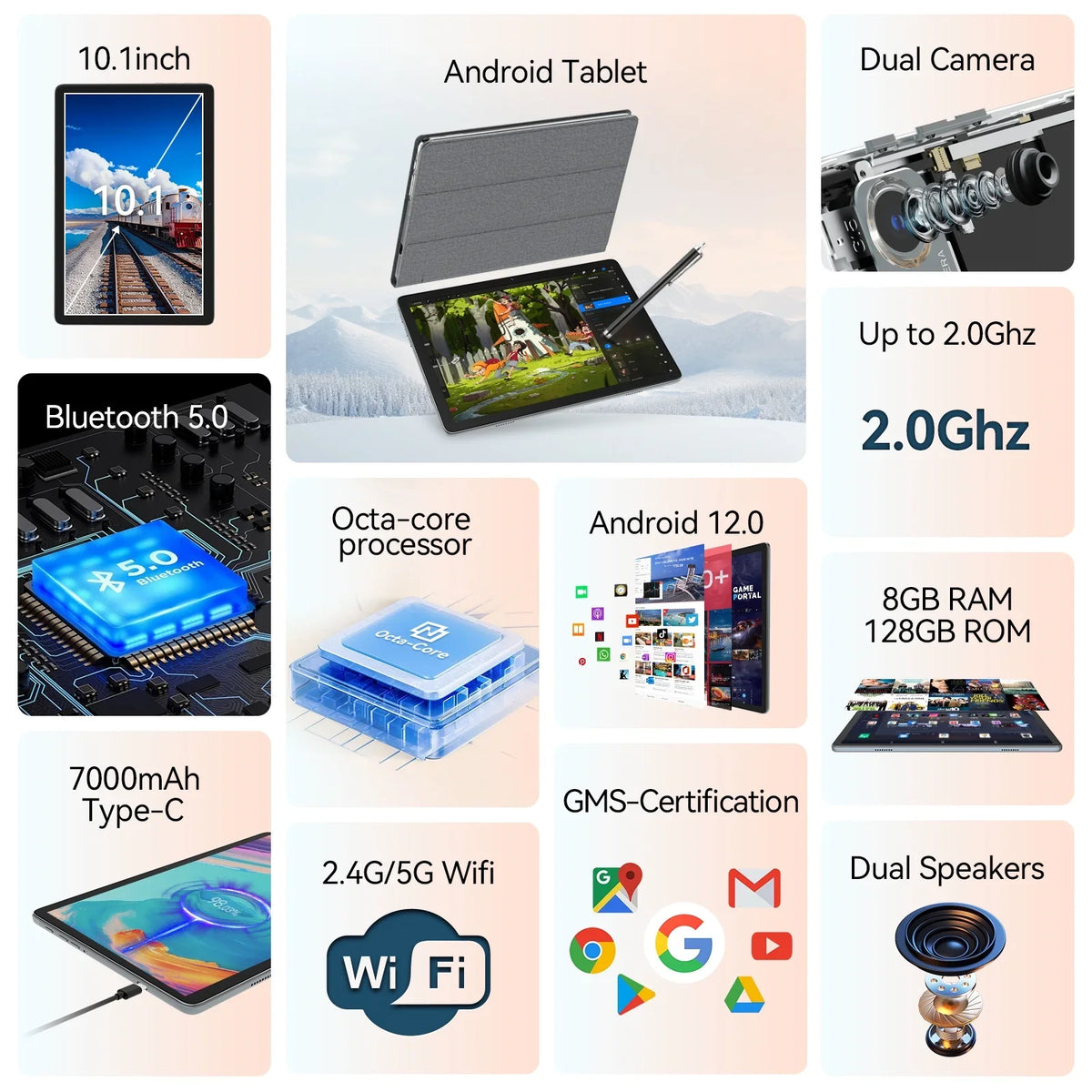 Processor,2024 Case Keyboard 12.0 Tablet RAM 128GB Tablet inch Storage,Android ROM Wireless Tablet,8GB Tablet Tablet,1TB Expandable,Octa-Core Newest 10.1 with Mouse Stylus,5G Android WiFi