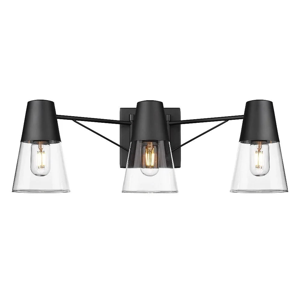 Black/Clear 3-Light Ryker Vanity Bath Matte Metal/Glass Lighting in Golden