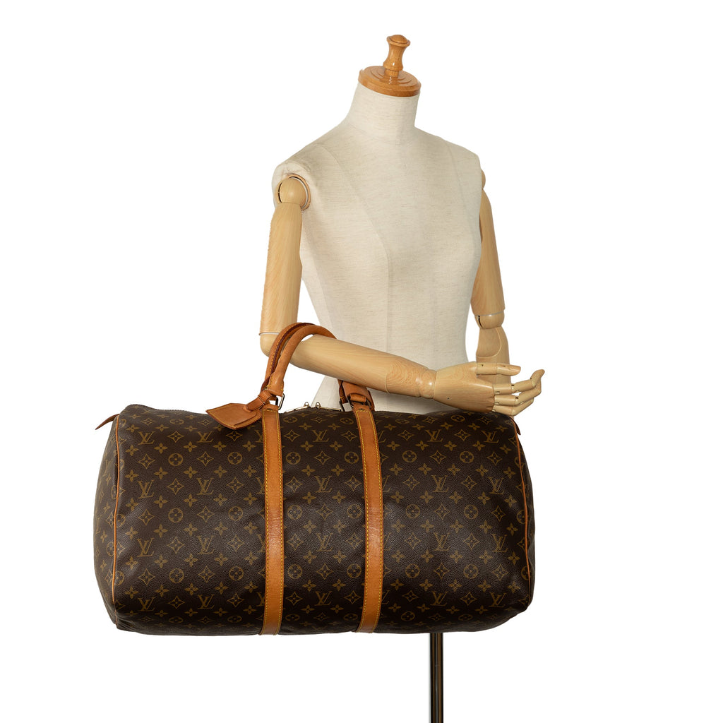 55 Authenticated Vuitton Louis Unisex WeekenderBag Monogram Keepall Brown Pre-Owned Travel Bag (Good) Canvas