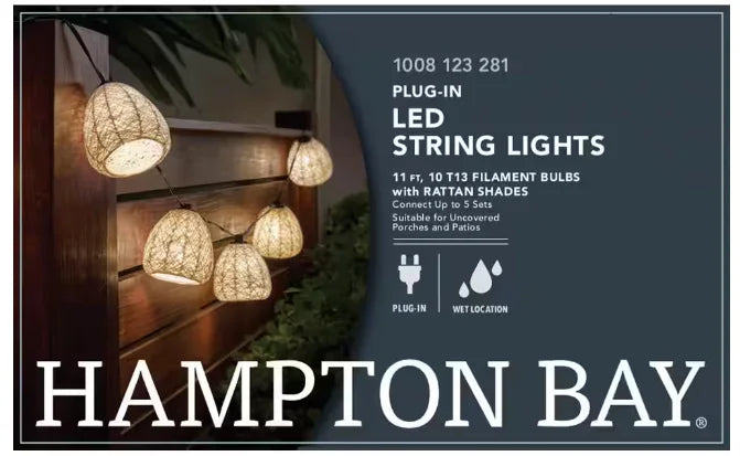 Fiber Hampton (10-Heads) Natural String LED Bulb 11 Mini ft. Bay Outdoor/Indoor Plug-In Light
