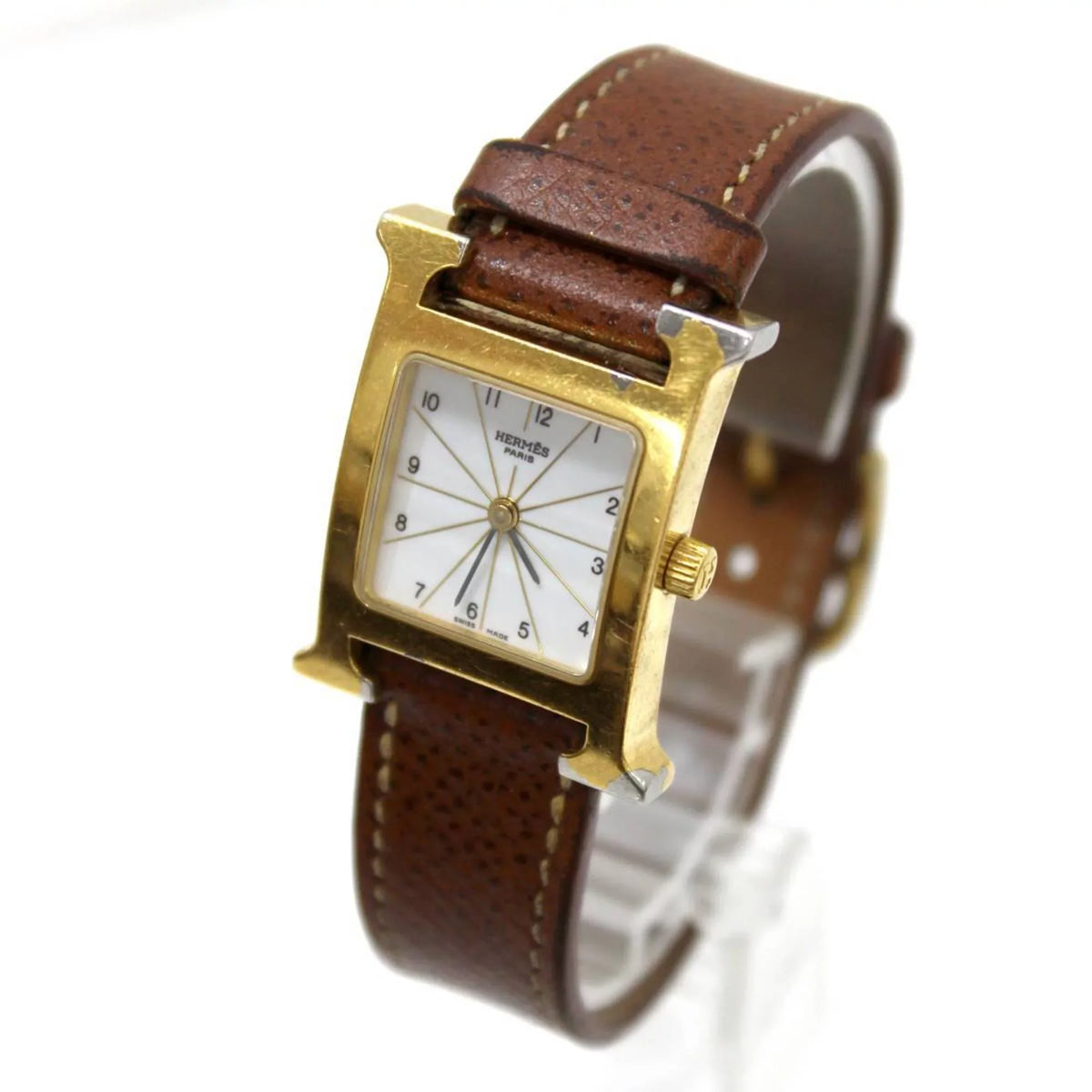 White H Dial: x Gold Ladies Hermes HH1.201 □G Quartz HERMES Brown (Good) Watch Pre-Owned