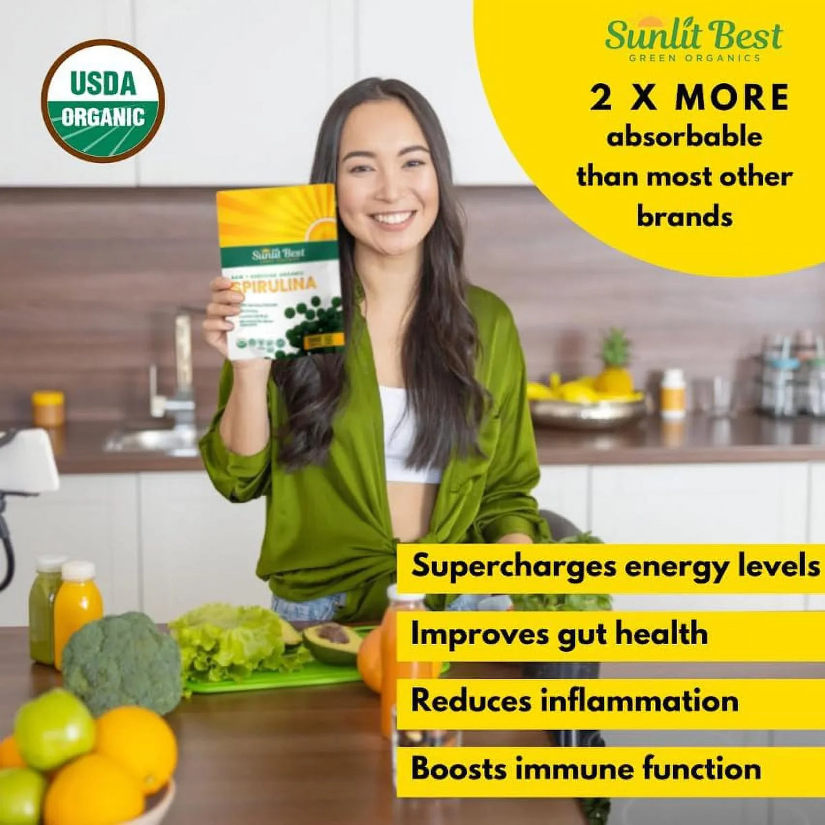 Natural USDA Health Superfood - with Tablet Protein Drink 1000 Supplements Non Greens High & Gut Spirulina Tablets Tab for & Energy Organic Vegan Support, Chlorophyll, Super - Best Sunlit Immune GMO,