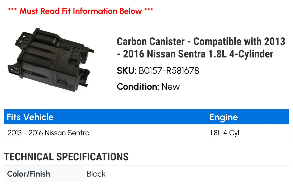 Nissan 2015 2014 4-Cylinder - with Sentra 2016 Canister - 2013 Carbon Compatible 1.8L
