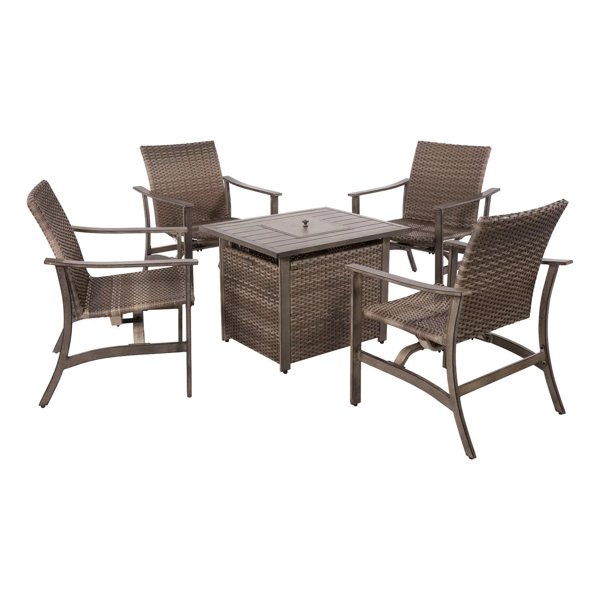 BTU Pit Chairs Table, All-Weather Wicker 5 Outdoor Motion Table, with & for Piece Rocking 4 Propane Gas Garden Set Furniture Fire Yard Deck Patio Firepit Set Conversation 33.8"x27.2" 15000