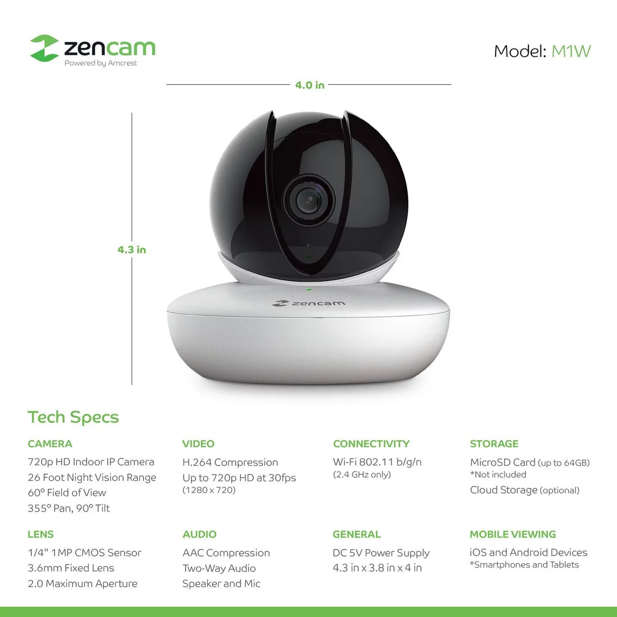 (4PACK-M1W) Monitor WiFi Talk Pet, Nanny with Baby Camera, Surveillance Indoor 720P Tilt Security Wireless IP Zencam Home Dome Home, Cam, Zoom Cloud 4-Pack Two-Way Pan Camera, for System White