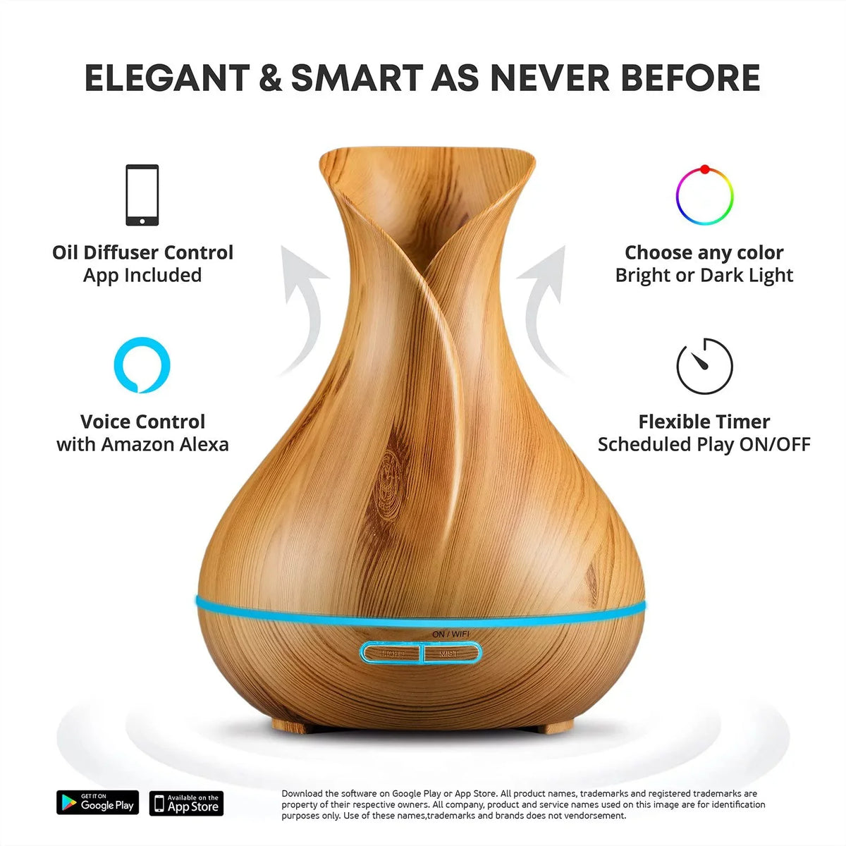 Oils, Light and ml Sierra Modern 400 WiFi Smart Essential Humidifier Home Wood Diffuser for Aromatherapy