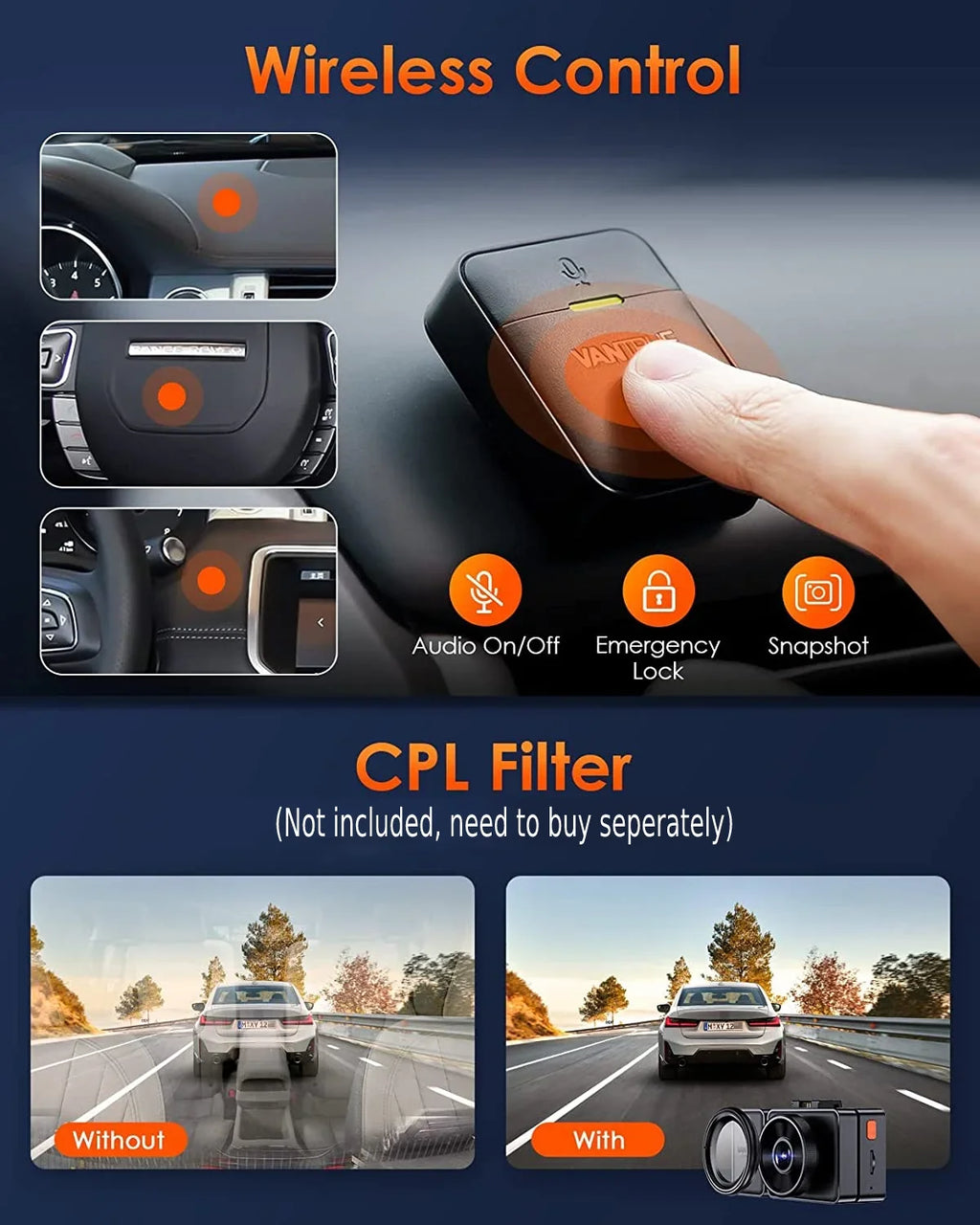 Control, STARVIS Parking Hours Inside, E3 with Rear Way GPS 24 Support WiFi 2.5K Dash Night Camera Vantrue Triple Dash 1944P+1080P+1080P 512GB Voice and 3 Max Vision, Cam Mode, Channel 3 IR Front