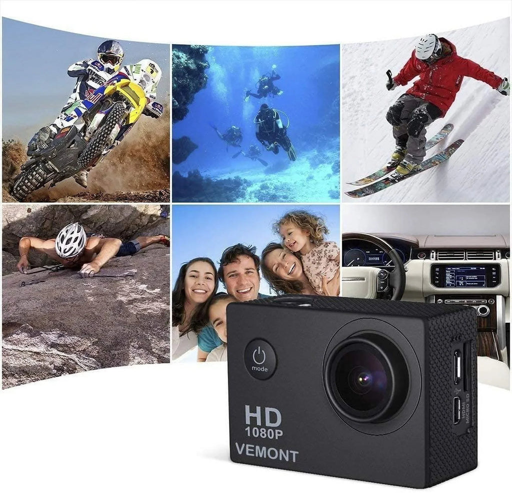 Cam Black Sports VEMONT Action Full Camera, Waterproof Wide-Angle HD surf Inch Mounting Accessories 1080P Kit Camera and 12MP Lens Camera 2.0 30m/98ft with Action Underwater Snorkel