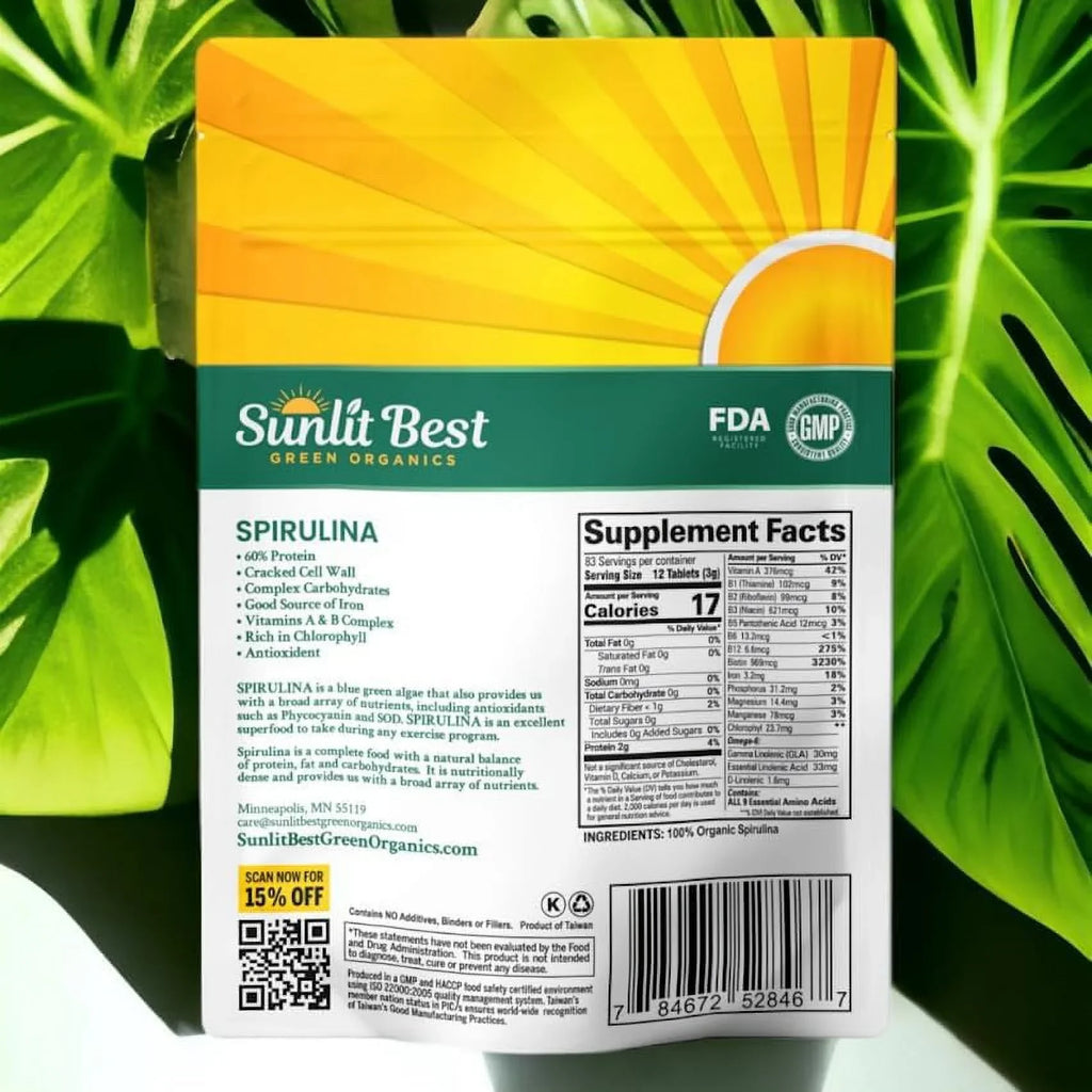 Natural USDA Health Superfood - with Tablet Protein Drink 1000 Supplements Non Greens High & Gut Spirulina Tablets Tab for & Energy Organic Vegan Support, Chlorophyll, Super - Best Sunlit Immune GMO,