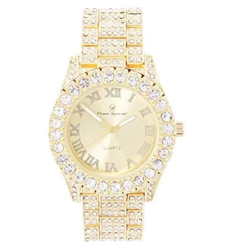 Fully Big Roman ST10327LA (Gold-Gold) Women's Dial Raymond Wristwatch Hop Blinged Out Out Charles - Hip with Rocks Iced Numerals