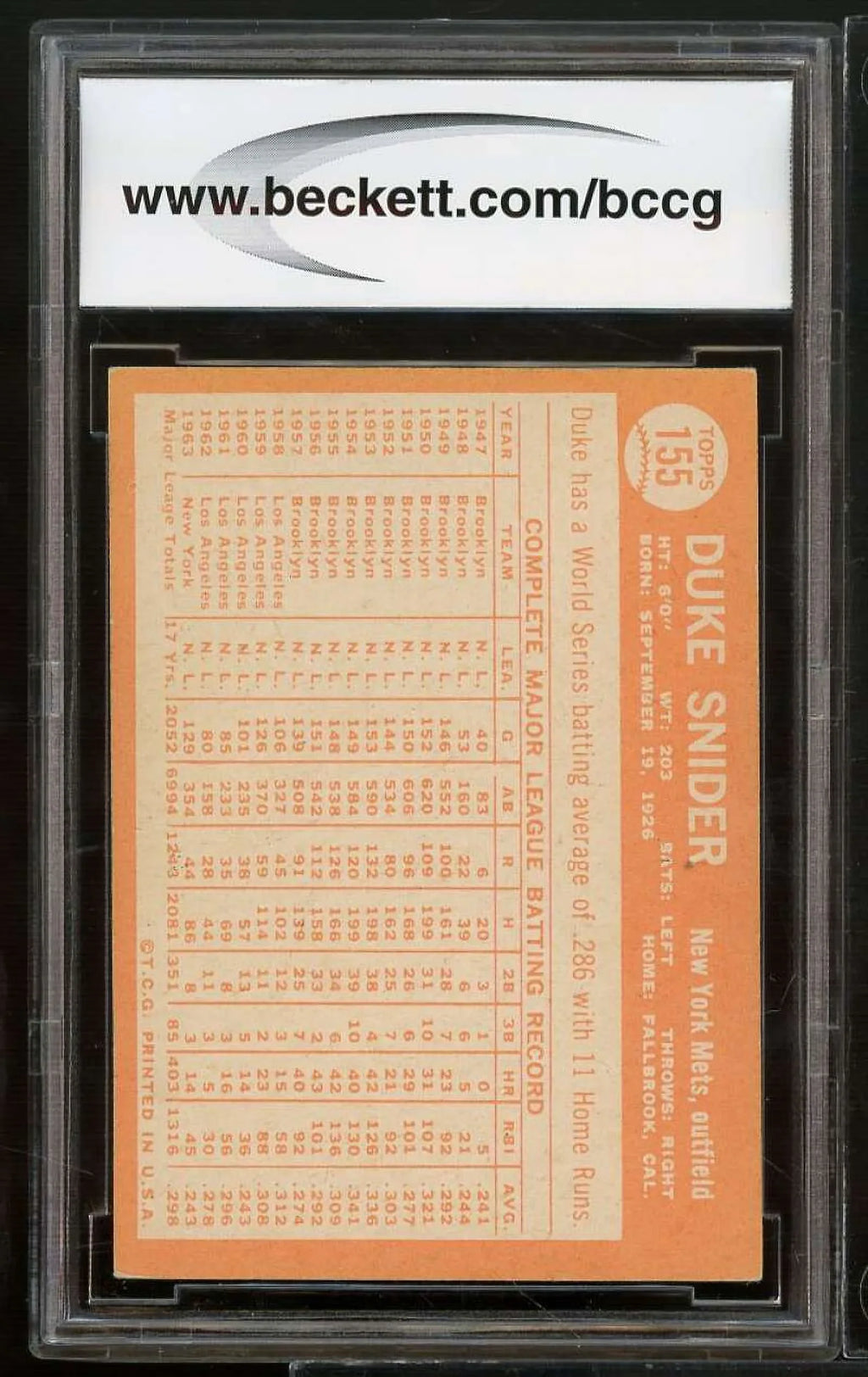 8 BGS Duke Topps #155 BCCG 1964 Excellent+ Card Snider