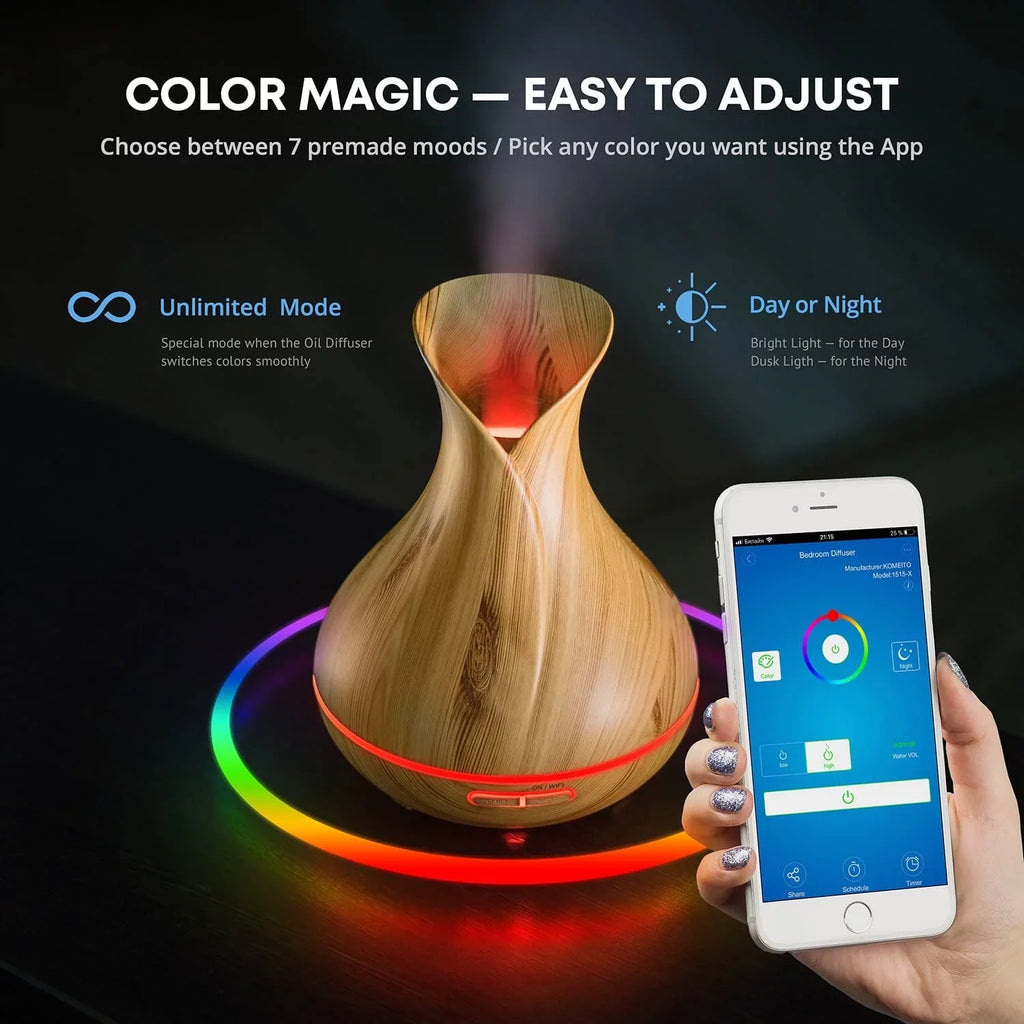 Oils, Light and ml Sierra Modern 400 WiFi Smart Essential Humidifier Home Wood Diffuser for Aromatherapy