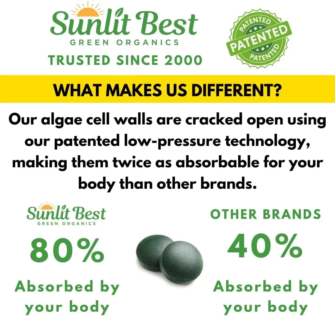 Natural USDA Health Superfood - with Tablet Protein Drink 1000 Supplements Non Greens High & Gut Spirulina Tablets Tab for & Energy Organic Vegan Support, Chlorophyll, Super - Best Sunlit Immune GMO,