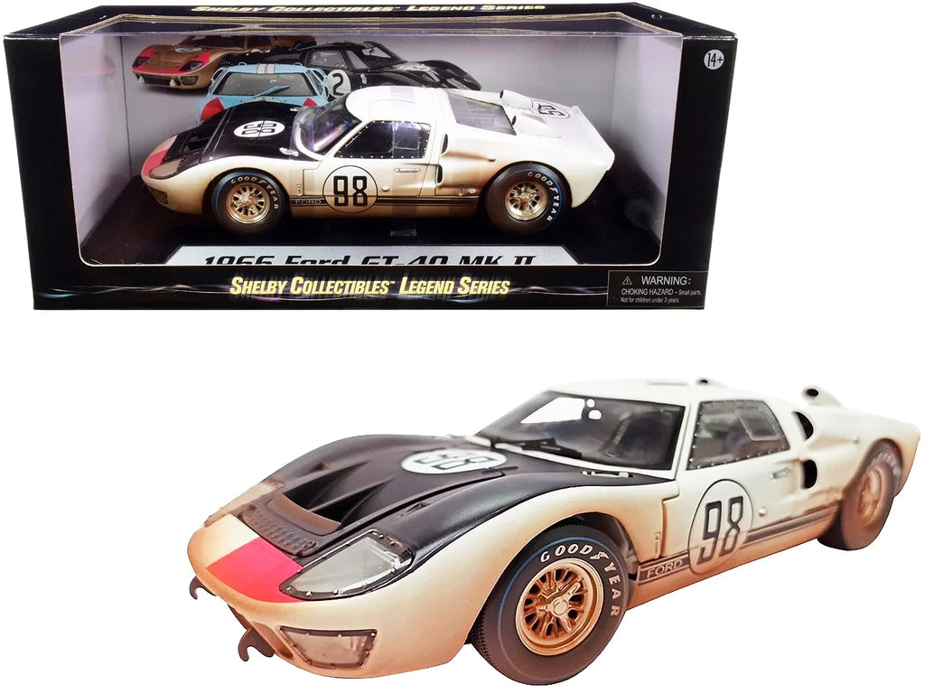 #98 Collectibles Version) 1966 GT-40 by Ford Diecast (Dirty Race Black Model 1/18 Car MK II with After Hood White Shelby