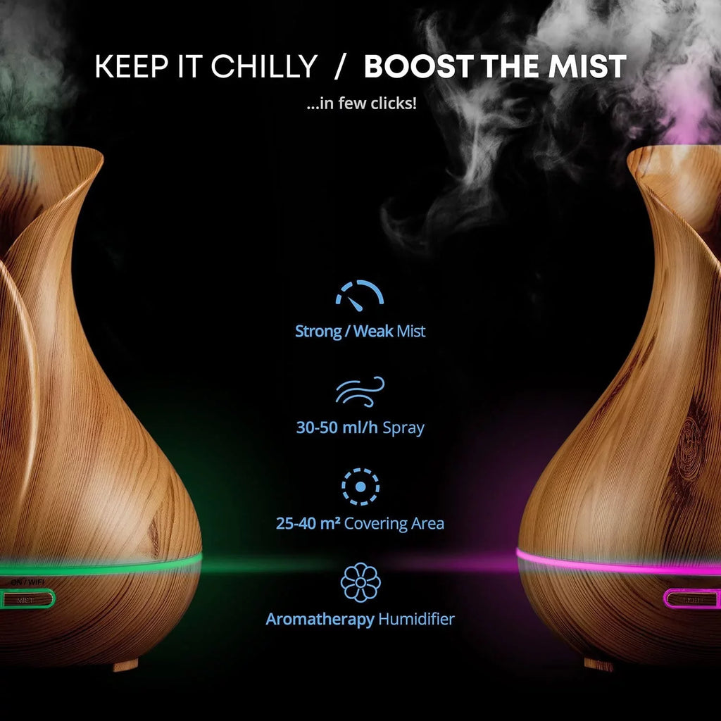 Oils, Light and ml Sierra Modern 400 WiFi Smart Essential Humidifier Home Wood Diffuser for Aromatherapy