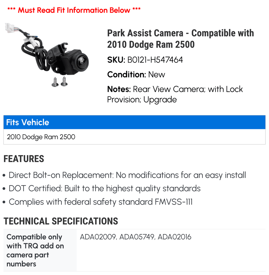Park - with Compatible Camera 2010 Assist Dodge Ram 2500