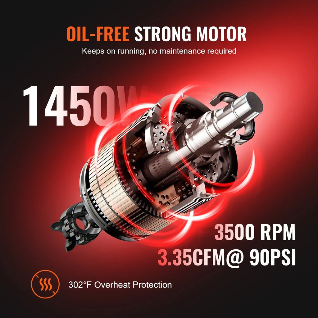 Ultra 90PSI, CFM Quiet 6.3 VEVOR Oil-Free, 1450W, dB @ 70 Compressor, Air Gallon, 3.35
