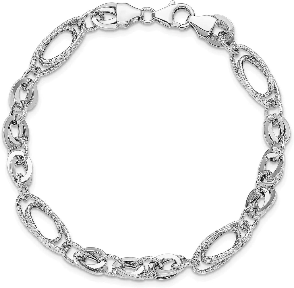 Oval Diamonds - 7.75"- Polished 14k & Italy White In Link Fancy Made Avariah Bracelet Gold Textured