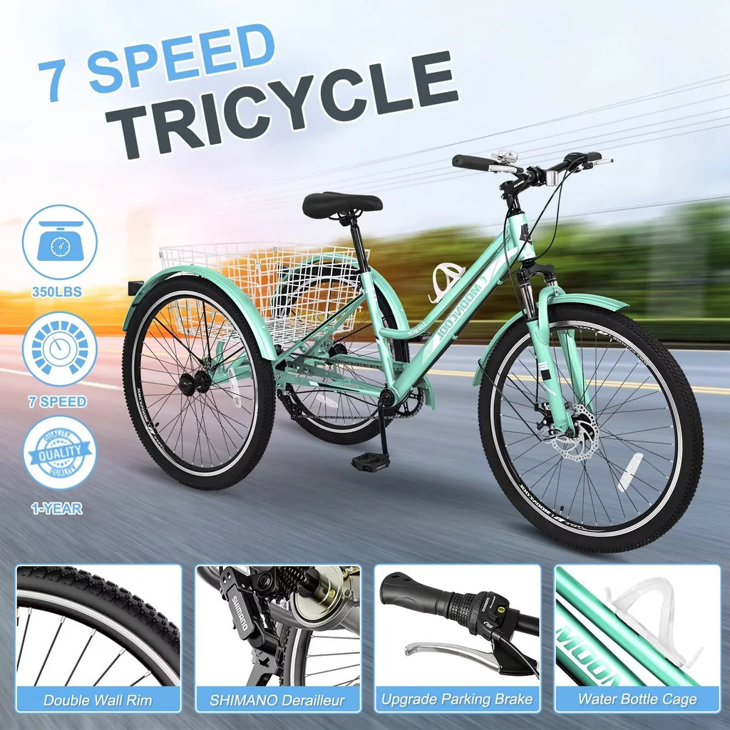 Tricycles, 3-Wheeled Shopping, and Heavy Bike Trikes Recreation w/Spacious Exercise, Rides, 24"/26"/27.5" MOPHOTO Adults 7-Speed Basket for Mountain Adventurous Duty