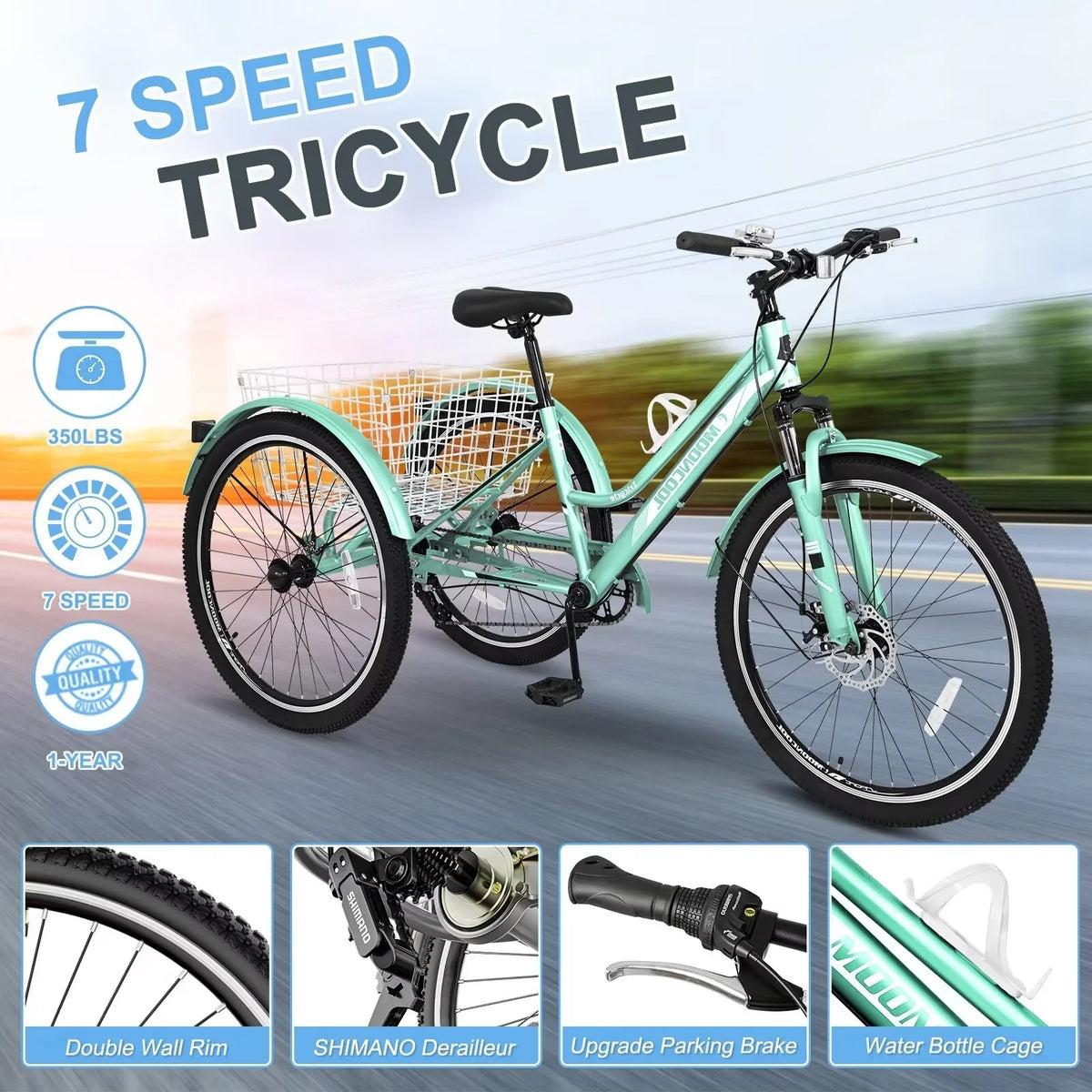 Tricycles, 3-Wheeled Shopping, and Heavy Bike Trikes Recreation w/Spacious Exercise, Rides, 24"/26"/27.5" MOPHOTO Adults 7-Speed Basket for Mountain Adventurous Duty