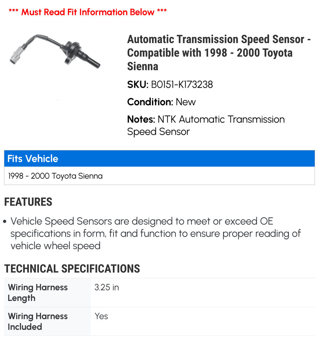 '- Automatic Speed Sienna 1998 - Compatible with 1999 Toyota Transmission Sensor 2000