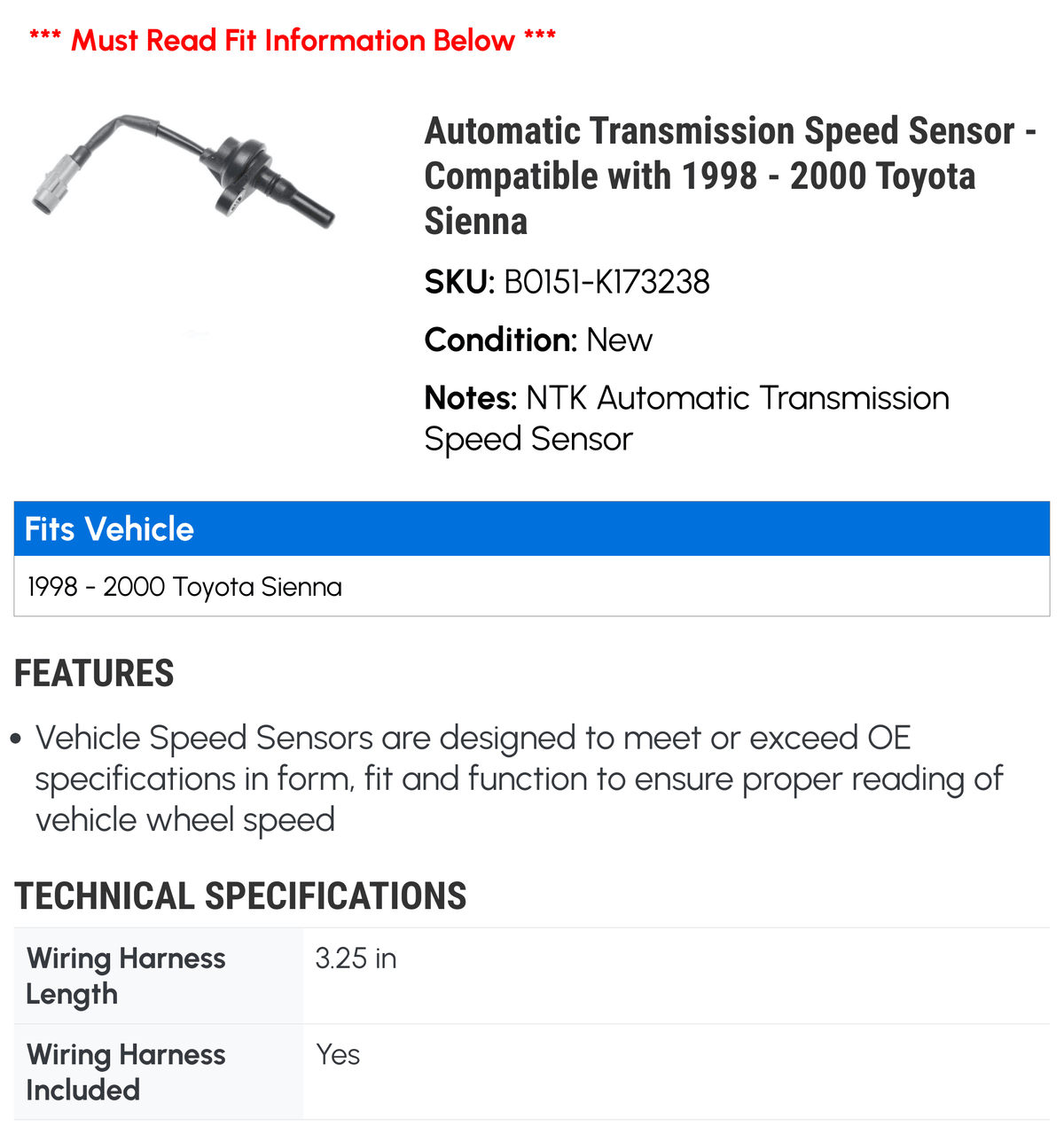 '- Automatic Speed Sienna 1998 - Compatible with 1999 Toyota Transmission Sensor 2000