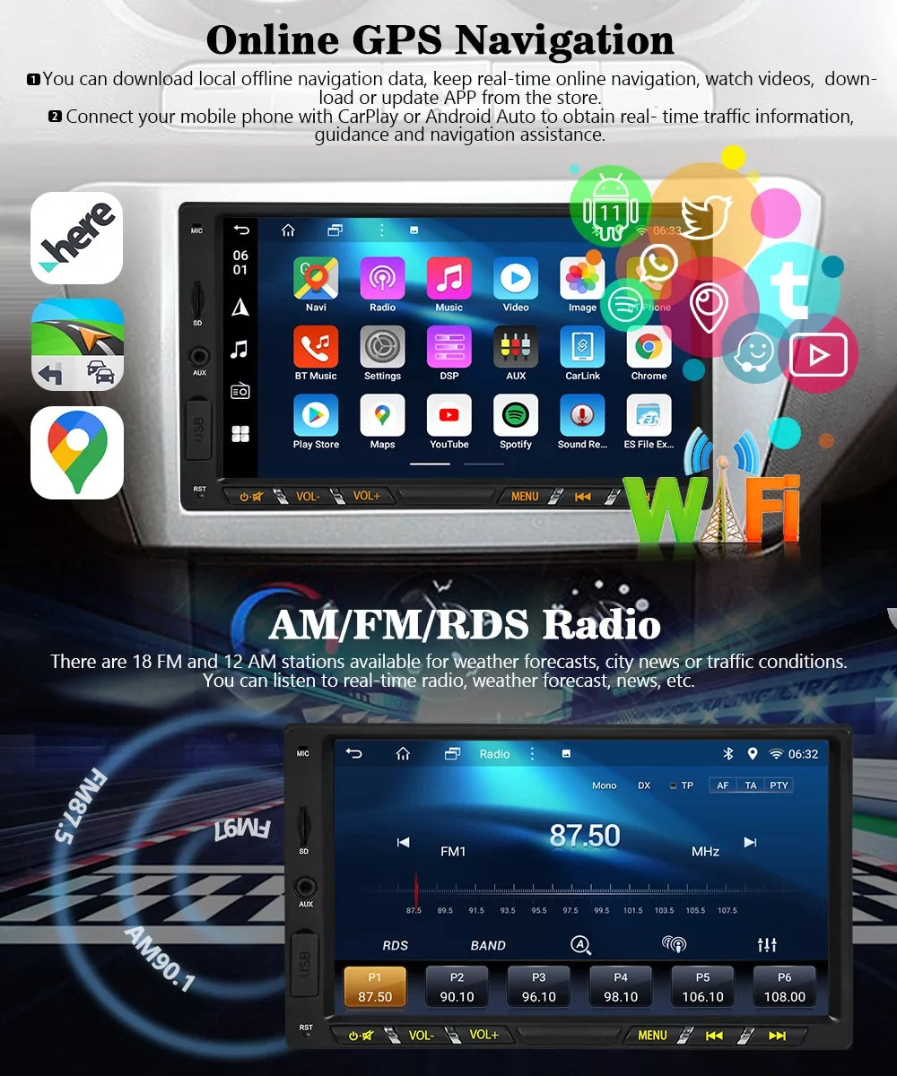 Android Wireless Auto Car 7 Apple WiFi Mirrorlink IPS GPS with Camera Screen Double Car Core Octa Inch Touch Carplay Stereo Backup Din Navigation Bluetooth Android DSP Radio G+G 11